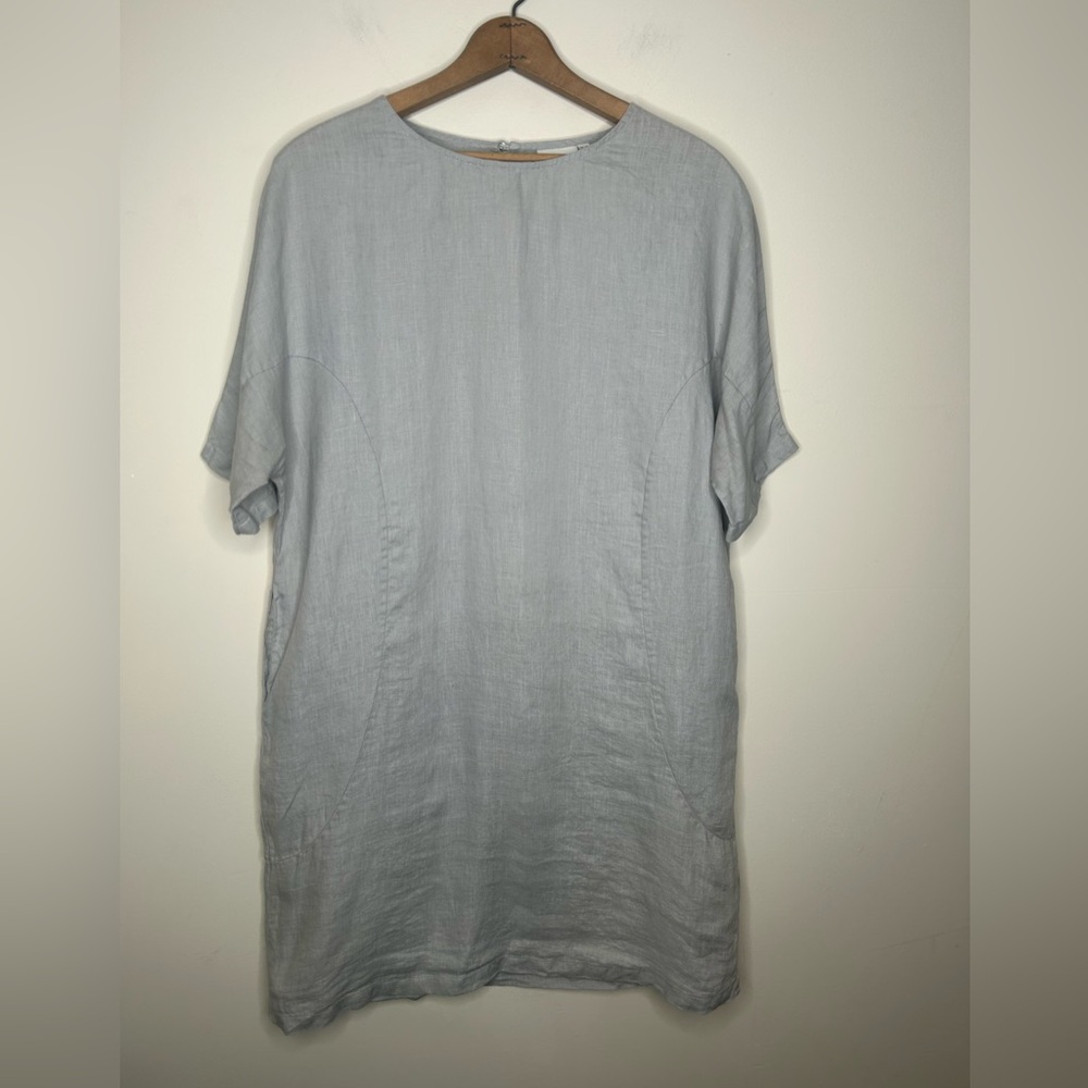 ELK 100% Linen Ash Gray Shift Dress Pockets Size 8 Australia Designer Coastal